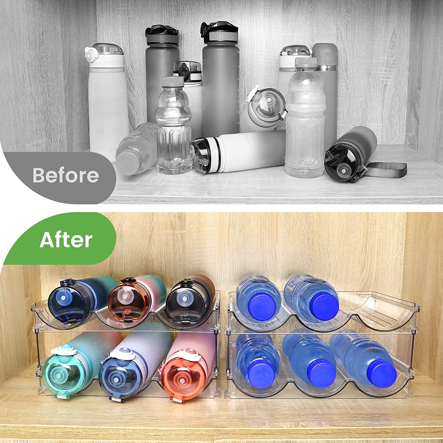 Water Bottle Cabinet Organizer - Stackable Storage Rack (Set of 2)