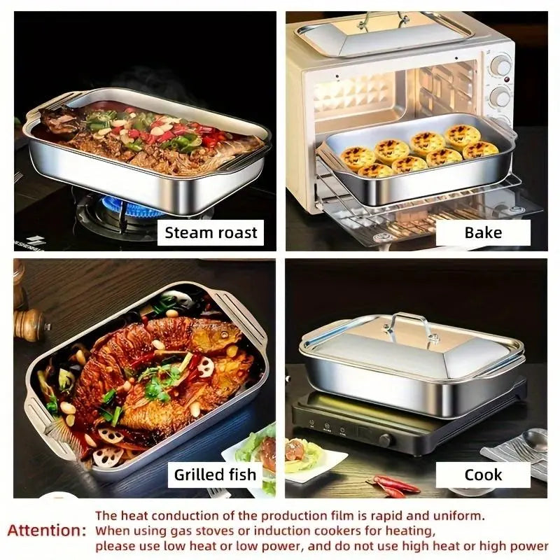 16X10X3In Set of 2 Extra Large Stainless Steel Bakingpans with Lidsnon-Stick Thick-Bottomedrectangular Oven Trays Fordesserts Breadand Seafood Perfect for Grilling Andbuffetserving Spacious Design Non-Sticksurfaceoven Safebaking Pans Mother'S Daygift