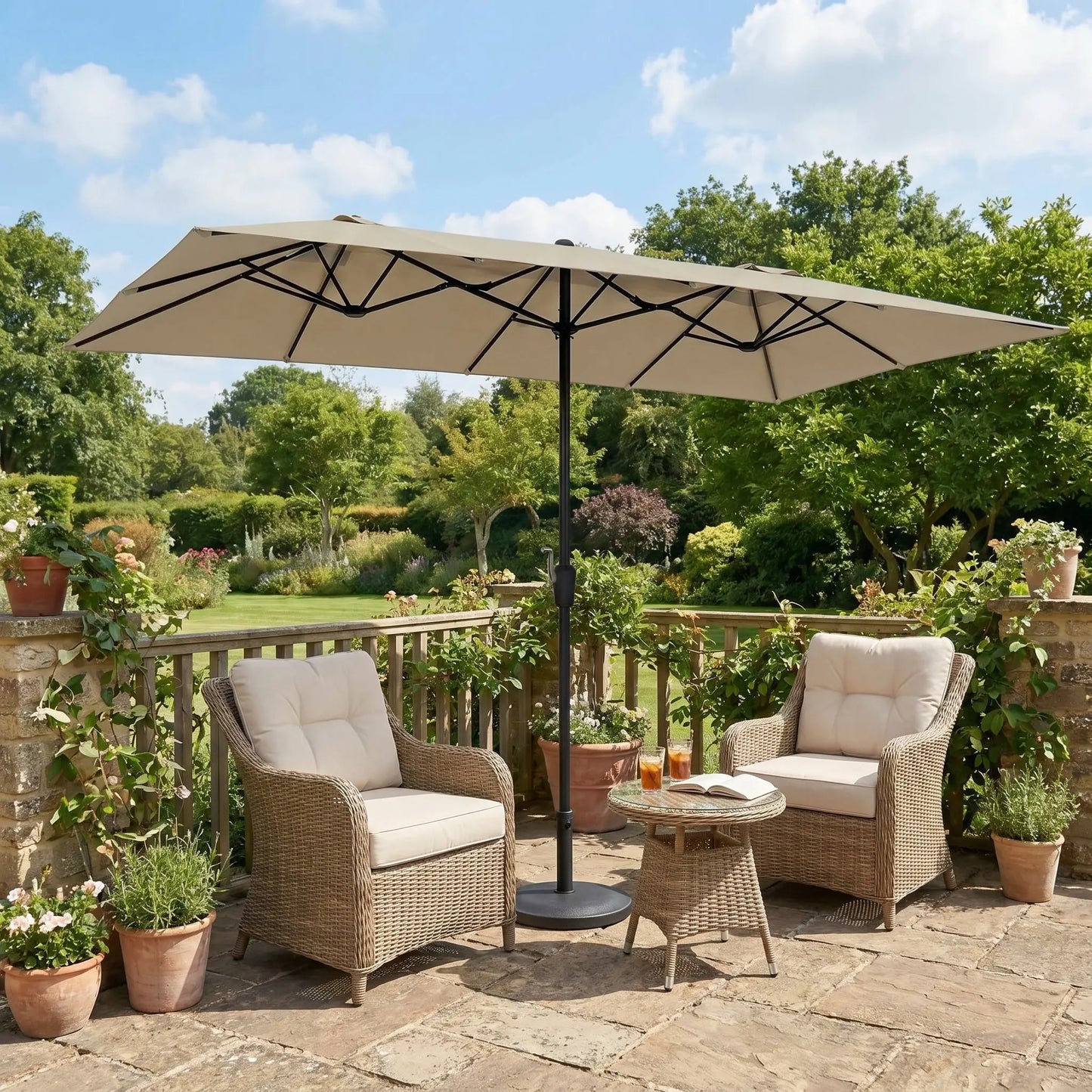 15 FT Large Patio Umbrella with Solar LED Light, Double Sided Rectangle Umbrella with Crank Handle for Patio, Backyard, Garden, Pool, without Base