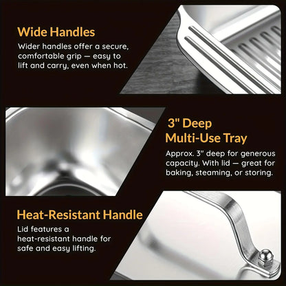 16X10X3In Set of 2 Extra Large Stainless Steel Bakingpans with Lidsnon-Stick Thick-Bottomedrectangular Oven Trays Fordesserts Breadand Seafood Perfect for Grilling Andbuffetserving Spacious Design Non-Sticksurfaceoven Safebaking Pans Mother'S Daygift