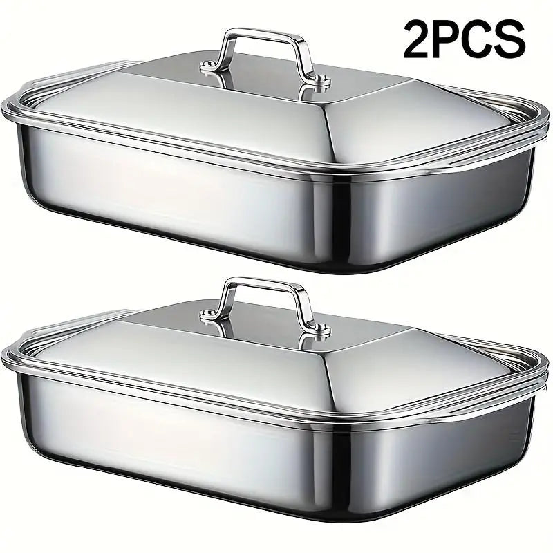 16X10X3In Set of 2 Extra Large Stainless Steel Bakingpans with Lidsnon-Stick Thick-Bottomedrectangular Oven Trays Fordesserts Breadand Seafood Perfect for Grilling Andbuffetserving Spacious Design Non-Sticksurfaceoven Safebaking Pans Mother'S Daygift