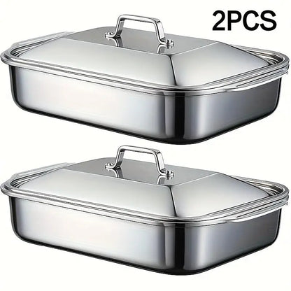 16X10X3In Set of 2 Extra Large Stainless Steel Bakingpans with Lidsnon-Stick Thick-Bottomedrectangular Oven Trays Fordesserts Breadand Seafood Perfect for Grilling Andbuffetserving Spacious Design Non-Sticksurfaceoven Safebaking Pans Mother'S Daygift