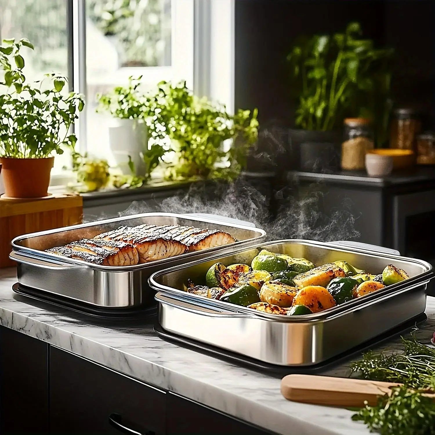 16X10X3In Set of 2 Extra Large Stainless Steel Bakingpans with Lidsnon-Stick Thick-Bottomedrectangular Oven Trays Fordesserts Breadand Seafood Perfect for Grilling Andbuffetserving Spacious Design Non-Sticksurfaceoven Safebaking Pans Mother'S Daygift