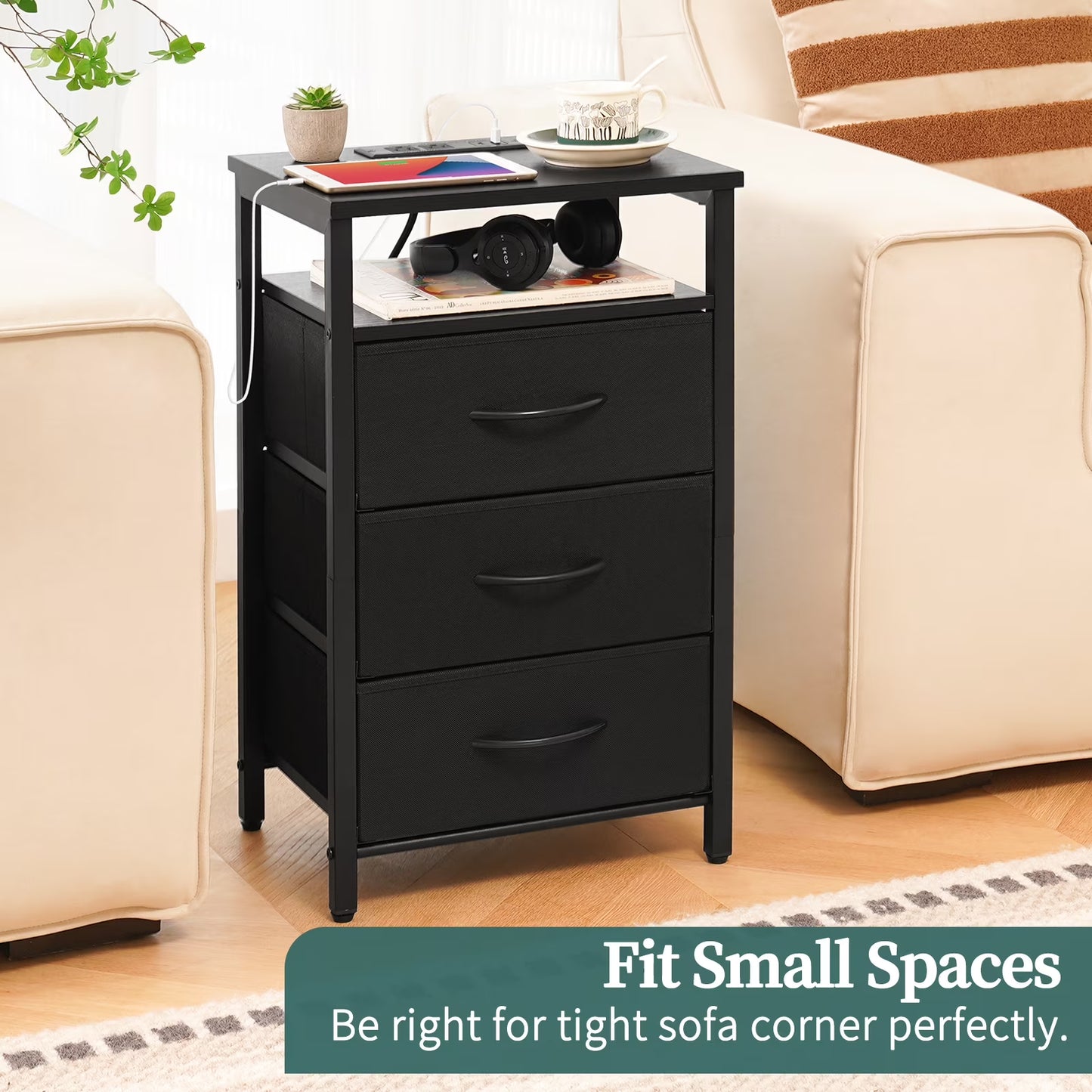Night Stand with Charging Station, LED Nightstand with USB Ports and Outlets, End Table with Fabric Drawers and Storage Shelf, Black