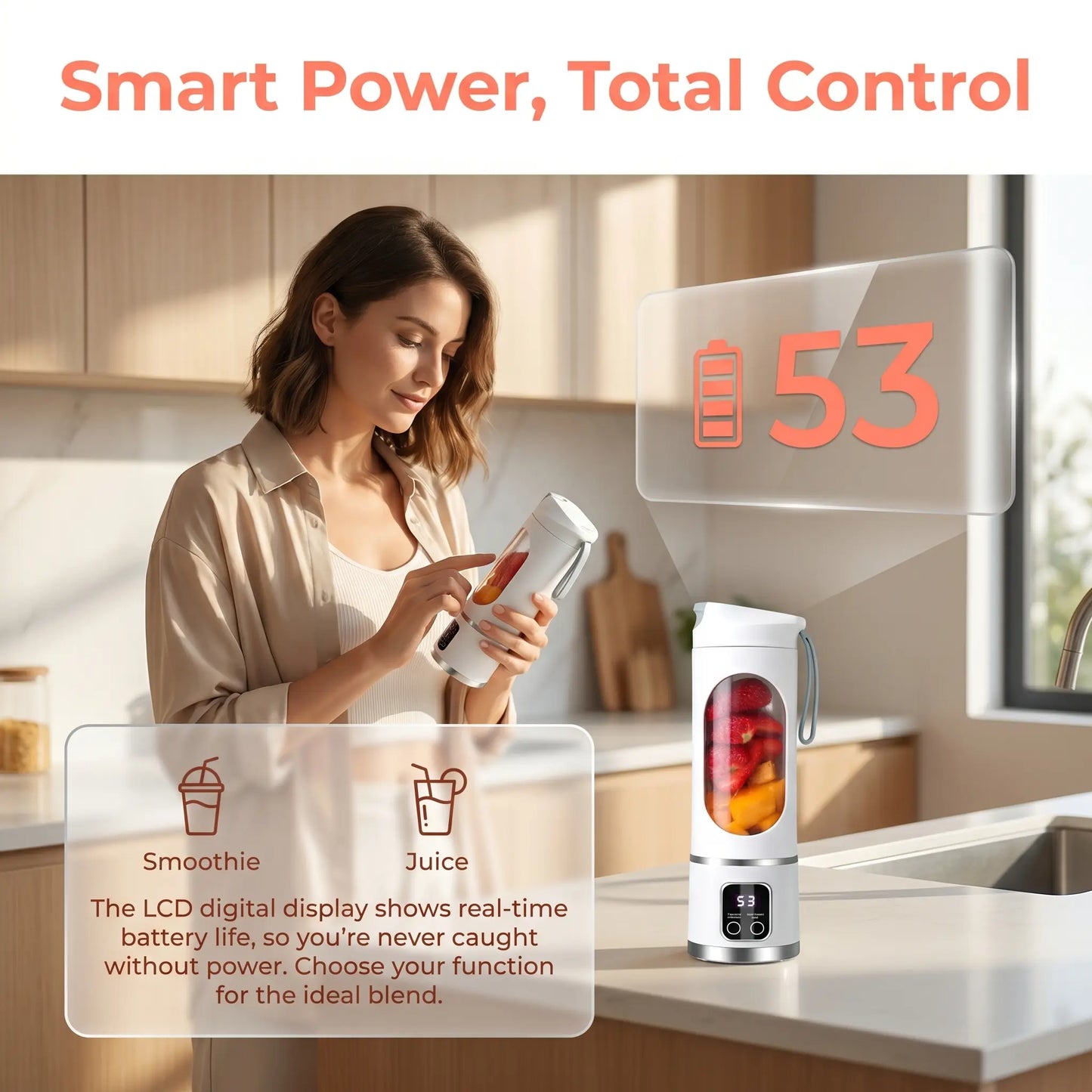 Portable 15.22 Oz USB Rechargeable Personal Blender with LED Display - Durable ABS Material, Ideal for Smoothies and Juices, Essential for Home Kitchen