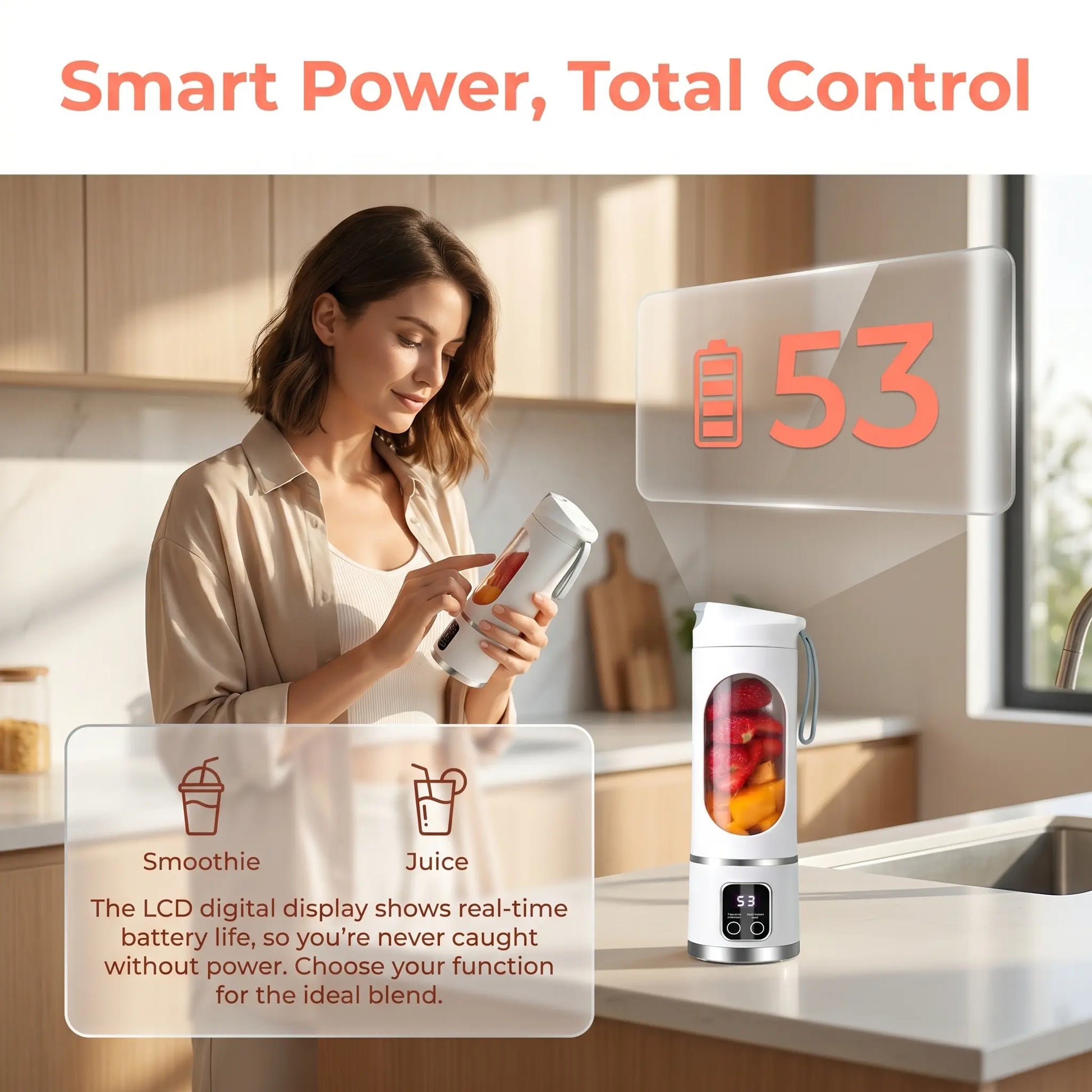 Portable 15.22 Oz USB Rechargeable Personal Blender with LED Display - Durable ABS Material, Ideal for Smoothies and Juices, Essential for Home Kitchen