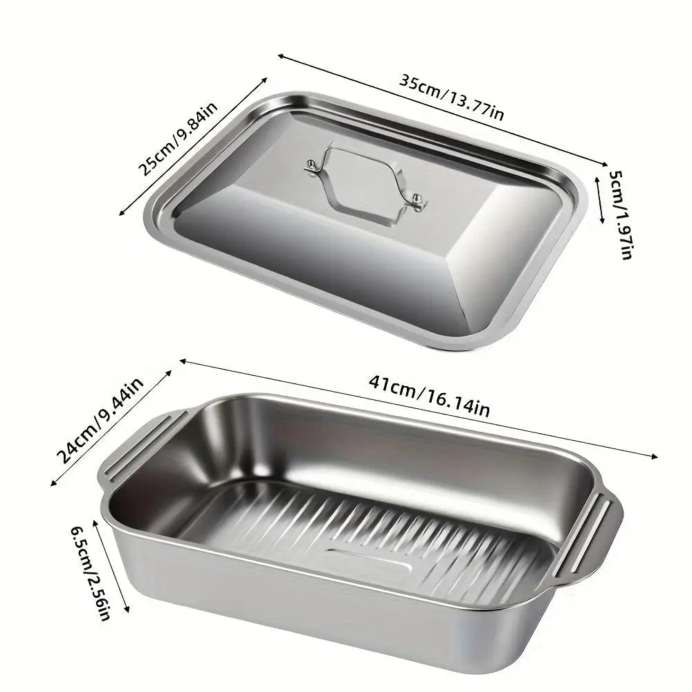 16X10X3In Set of 2 Extra Large Stainless Steel Bakingpans with Lidsnon-Stick Thick-Bottomedrectangular Oven Trays Fordesserts Breadand Seafood Perfect for Grilling Andbuffetserving Spacious Design Non-Sticksurfaceoven Safebaking Pans Mother'S Daygift