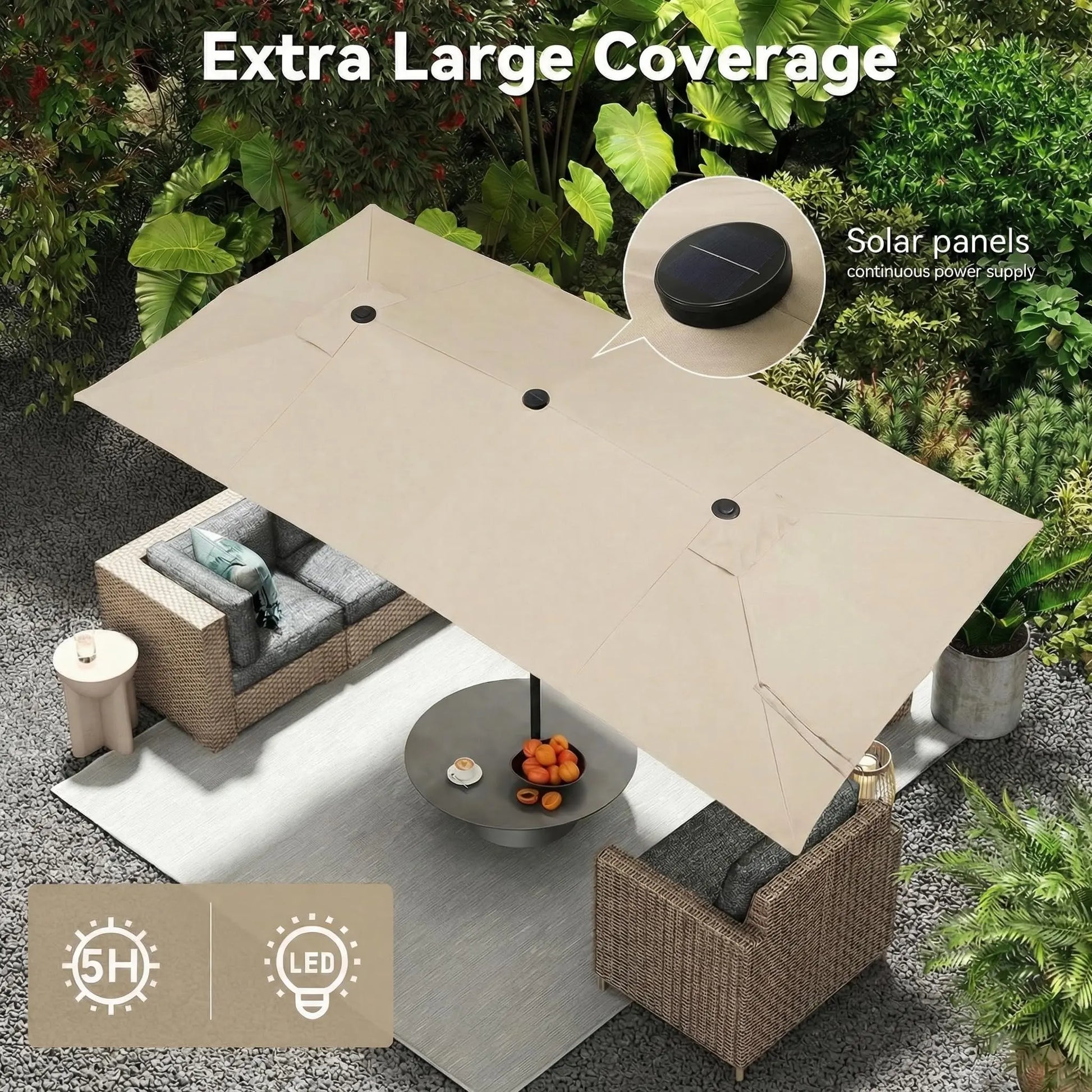 15 FT Large Patio Umbrella with Solar LED Light, Double Sided Rectangle Umbrella with Crank Handle for Patio, Backyard, Garden, Pool, without Base