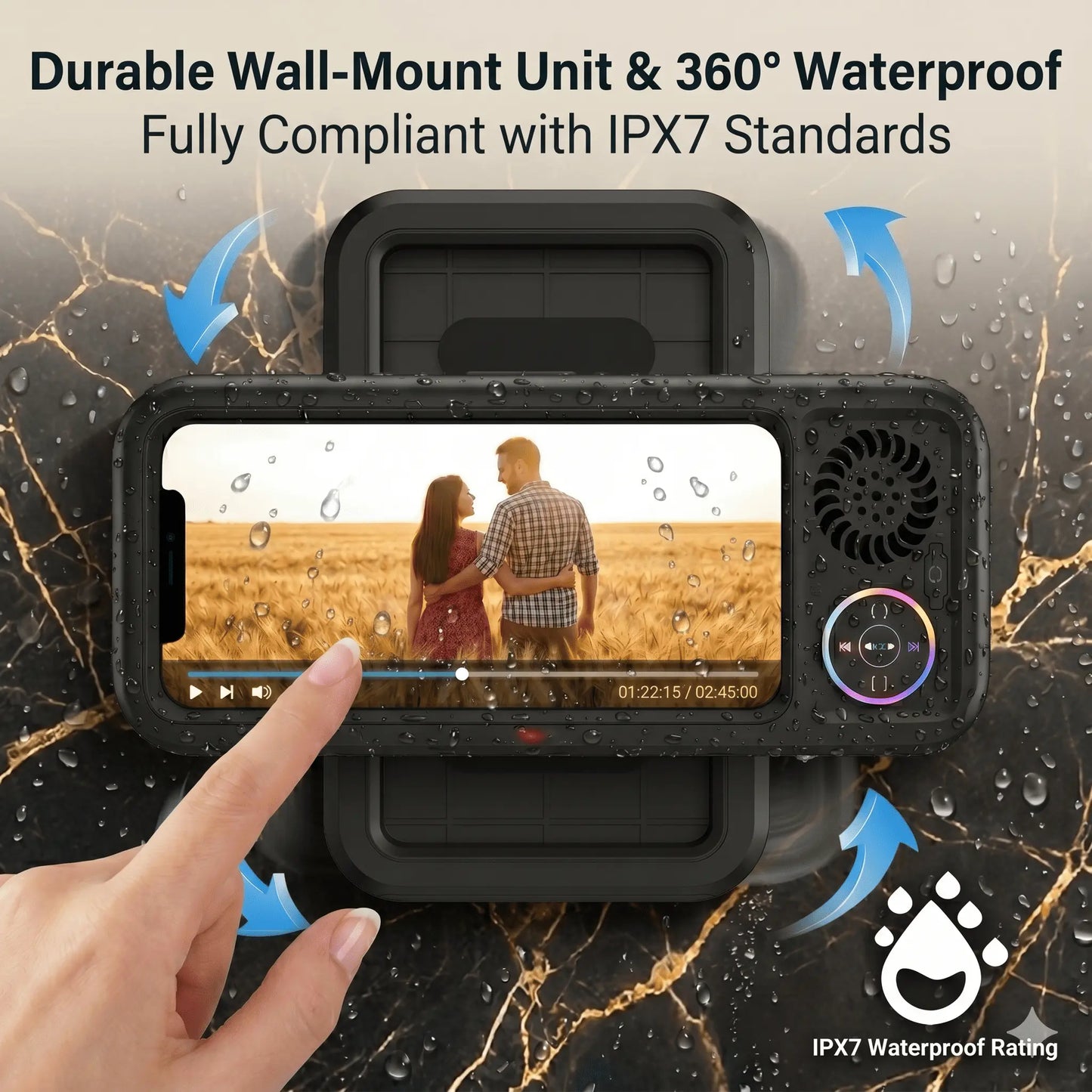 Bathroom Shower Waterproof Phone Holder,Bluetooth Speaker 360°Rotation Touch Screen Mobile Phone Box,Suction Cup Bathroom Case Mount Shelf