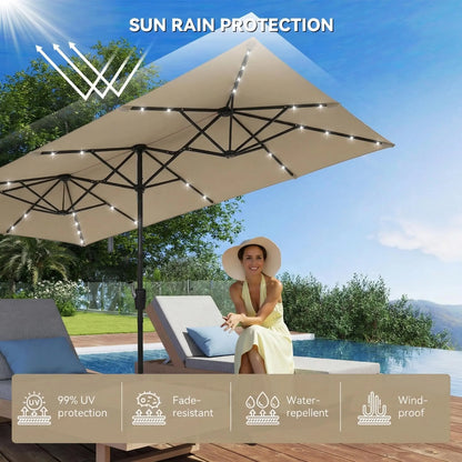 15 FT Large Patio Umbrella with Solar LED Light, Double Sided Rectangle Umbrella with Crank Handle for Patio, Backyard, Garden, Pool, without Base