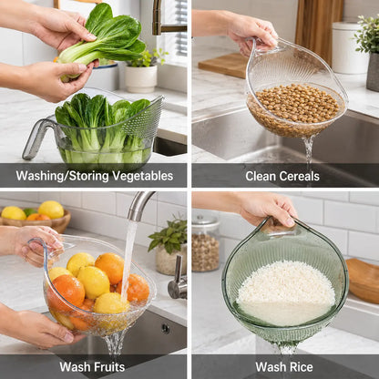 Aesthetic Multifunctional Rice Strainer with Handle - Sturdy Bpa-Free Transparent Plastic Kitchen Utensils, Colander for Draining Vegetables, Fruits, Cheese, Coffee Dispenser Set